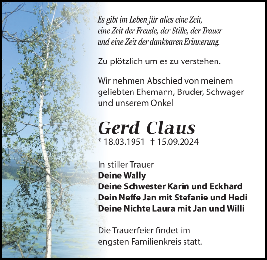 Traueranzeige von Gerd Claus von Leipziger Volkszeitung