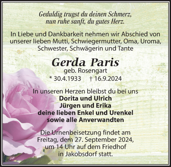 Traueranzeige von Gerda Paris von Wochenspiegel