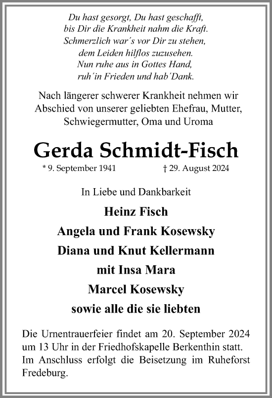 Traueranzeige von Gerda Schmidt-Fisch von Lübecker Nachrichten