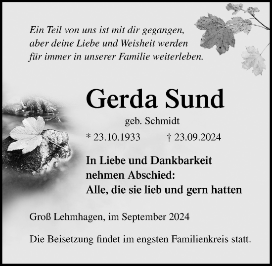 Traueranzeige von Gerda Sund von Ostsee-Zeitung GmbH