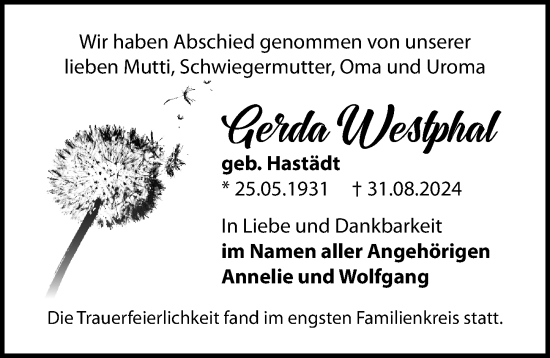 Traueranzeige von Gerda Westphal von Wochenspiegel