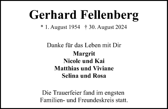 Traueranzeige von Gerhard Fellenberg von Lübecker Nachrichten