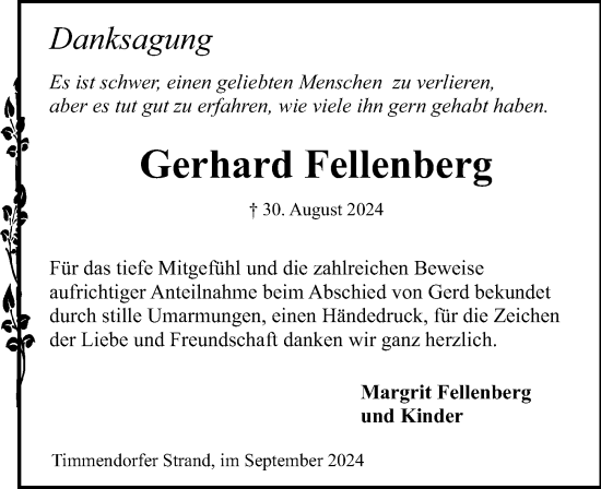 Traueranzeige von Gerhard Fellenberg von Lübecker Nachrichten