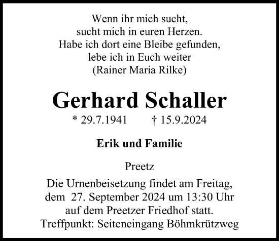 Traueranzeige von Gerhard Schaller von Kieler Nachrichten