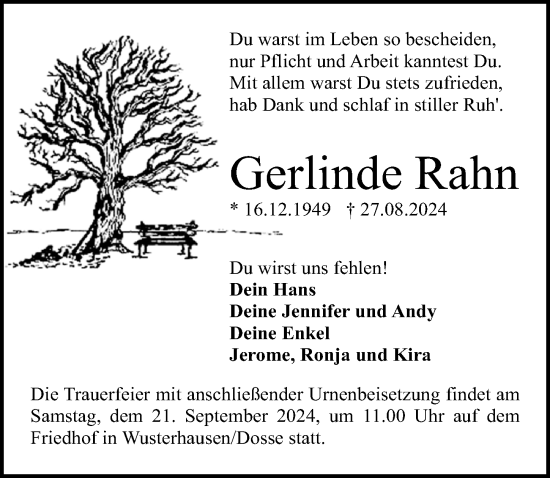 Traueranzeige von Gerlinde Rahn von Wochenspiegel