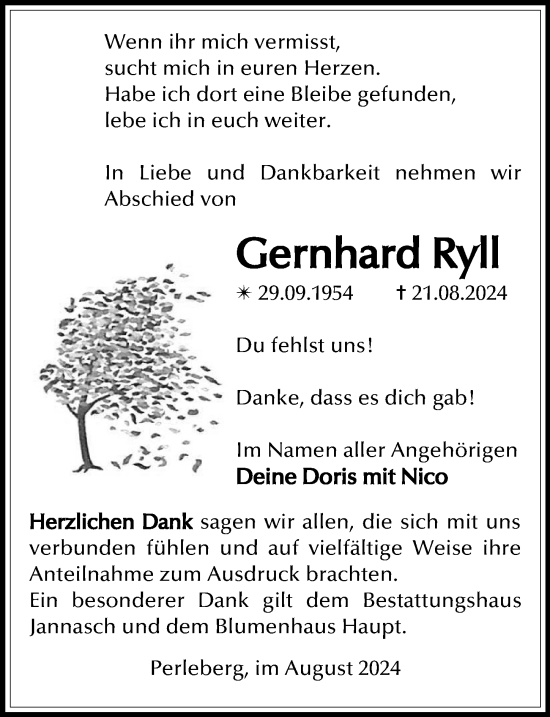 Traueranzeige von Gernhard Ryll von Wochenspiegel