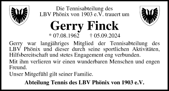 Traueranzeige von Gerry Finck von Lübecker Nachrichten