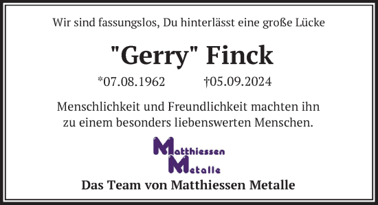 Traueranzeige von Gerry Finck von Lübecker Nachrichten