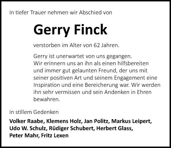 Traueranzeige von Gerry Finck von Lübecker Nachrichten