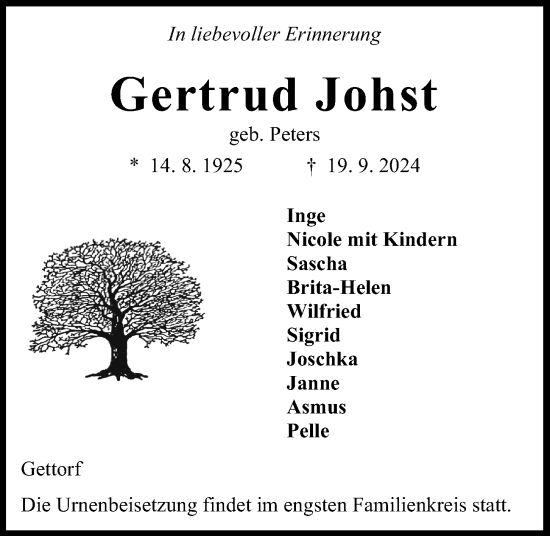 Traueranzeige von Gertrud Johst von Kieler Nachrichten