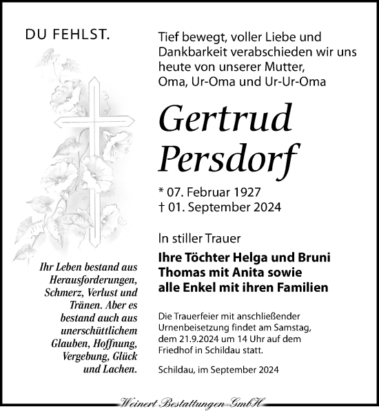 Traueranzeige von Gertrud Persdorf von Torgauer Zeitung