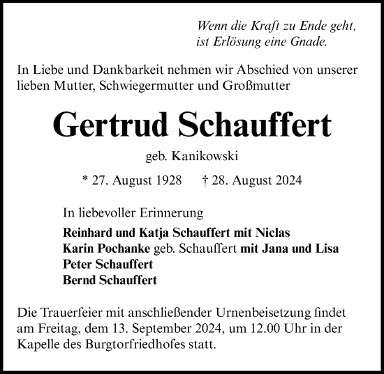 Traueranzeige von Gertrud Schauffert von Lübecker Nachrichten