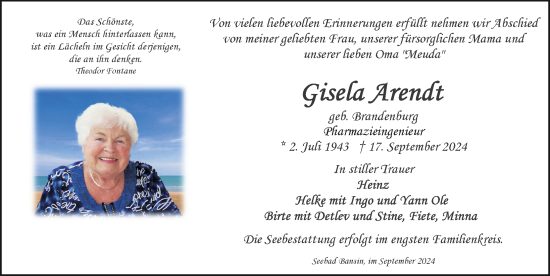 Traueranzeige von Gisela Arendt von Ostsee-Zeitung GmbH