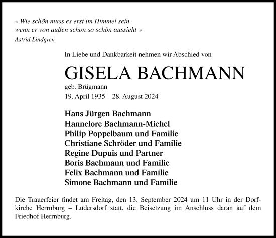 Traueranzeige von Gisela Bachmann von Lübecker Nachrichten