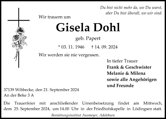 Traueranzeige von Gisela Dohl von Göttinger Tageblatt