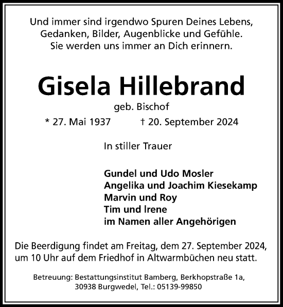 Traueranzeige von Gisela Hillebrand von Hannoversche Allgemeine Zeitung/Neue Presse