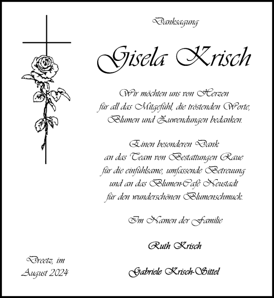 Traueranzeige von Gisela Krisch von Wochenspiegel