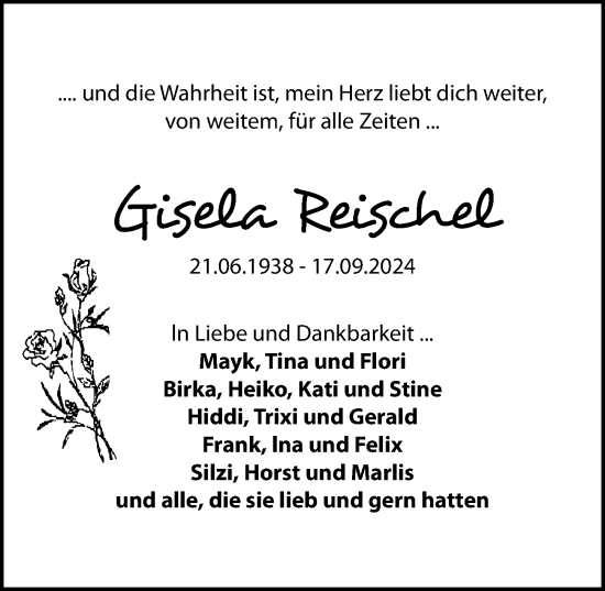 Traueranzeige von Gisela Reischel von Wochenspiegel