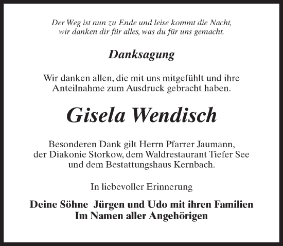 Traueranzeige von Gisela Wendisch von Märkischen Allgemeine Zeitung