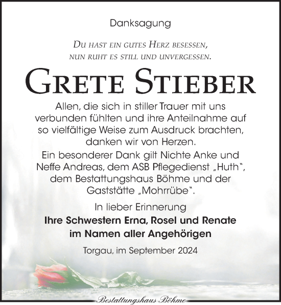 Traueranzeige von Grete Stieber von Torgauer Zeitung