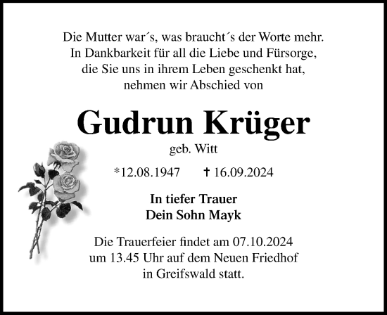 Traueranzeige von Gudrun Krüger von Ostsee-Zeitung GmbH