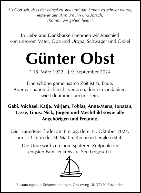 Traueranzeige von Günter Obst von Göttinger Tageblatt