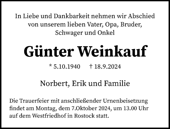 Traueranzeige von Günter Weinkauf von Ostsee-Zeitung GmbH