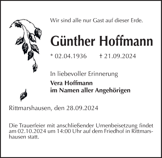 Traueranzeige von Günther Hoffmann von Göttinger Tageblatt