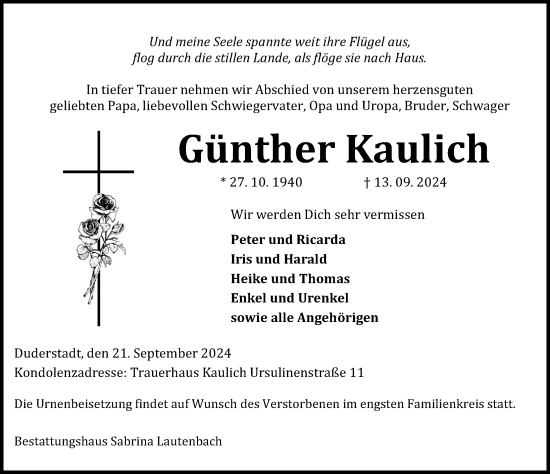 Traueranzeige von Günther Kaulich von Eichsfelder Tageblatt