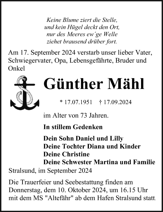 Traueranzeige von Günther Mähl von Ostsee-Zeitung GmbH