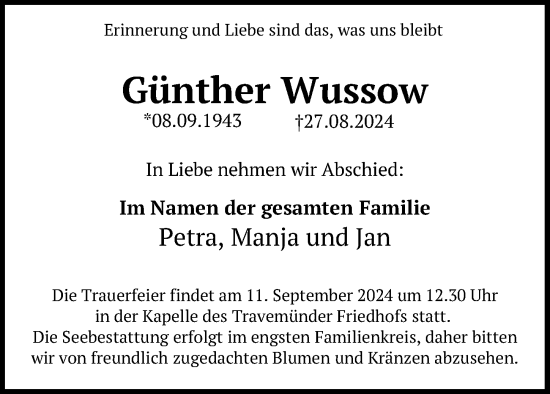 Traueranzeige von Günther Wussow von Lübecker Nachrichten