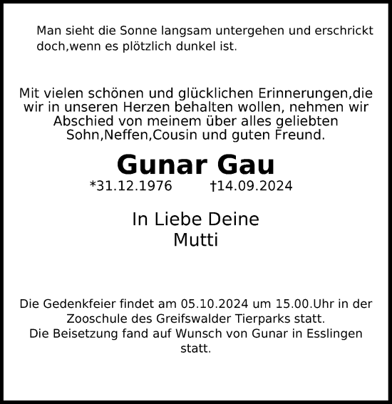 Traueranzeige von Gunar Gau von Ostsee-Zeitung GmbH