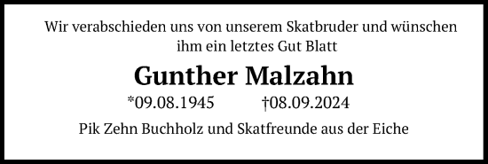 Traueranzeige von Gunther Malzahn von Hannoversche Allgemeine Zeitung/Neue Presse