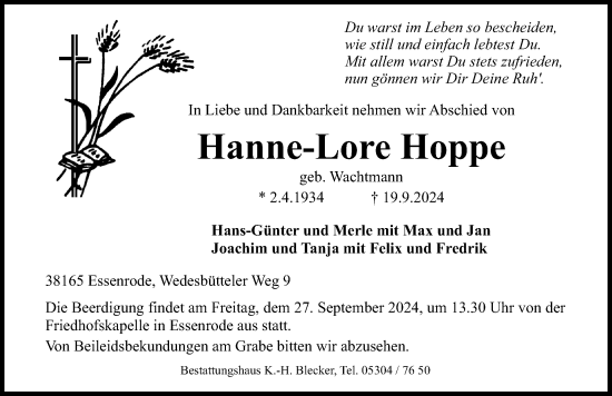 Traueranzeige von Hanne-Lore Hoppe von Aller Zeitung