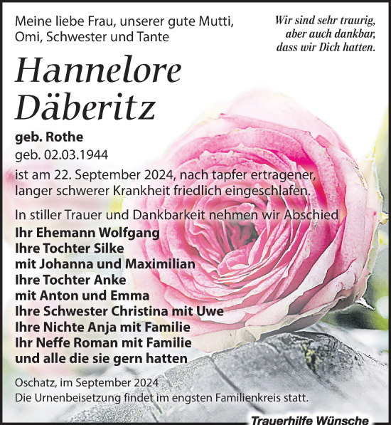 Traueranzeige von Hannelore Däberitz von Leipziger Volkszeitung