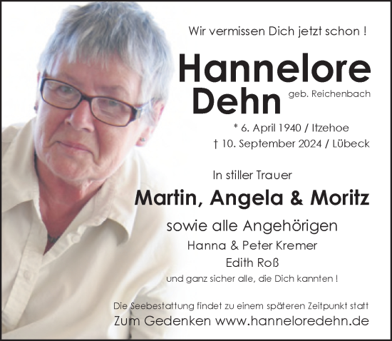 Traueranzeige von Hannelore Dehn von Lübecker Nachrichten