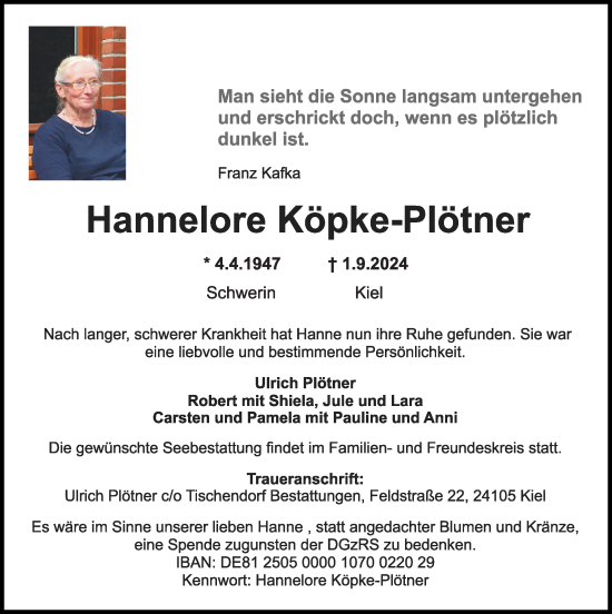 Traueranzeige von Hannelore Köpke-Plötner von Kieler Nachrichten