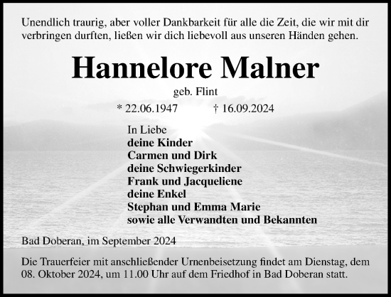 Traueranzeige von Hannelore Malner von Ostsee-Zeitung GmbH