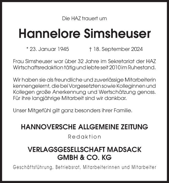 Traueranzeige von Hannelore Simsheuser von Hannoversche Allgemeine Zeitung/Neue Presse