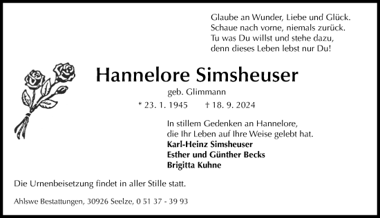 Traueranzeige von Hannelore Simsheuser von Hannoversche Allgemeine Zeitung/Neue Presse