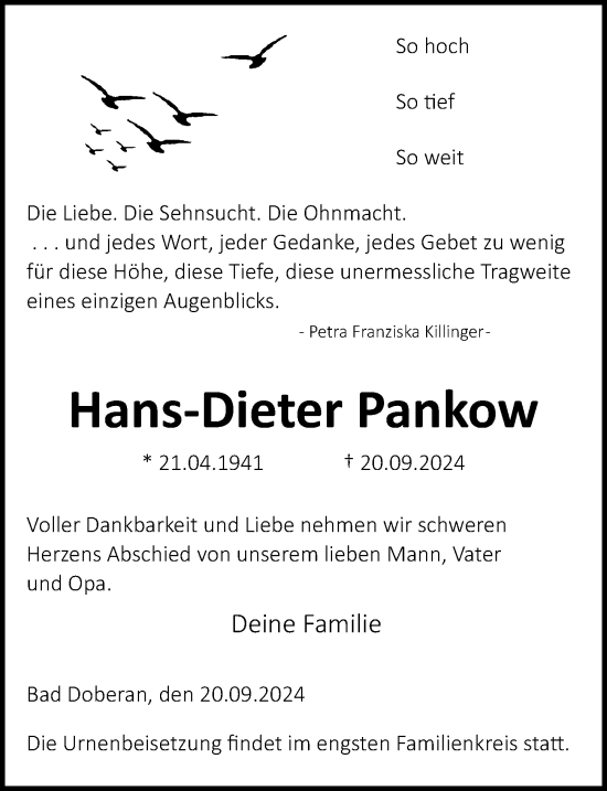 Traueranzeige von Hans-Dieter Pankow von Ostsee-Zeitung GmbH