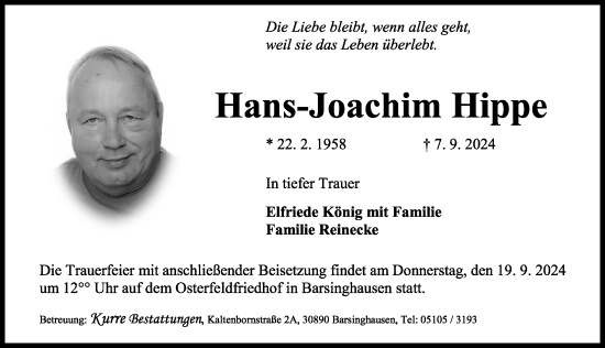 Traueranzeige von Hans-Joachim Hippe von Hannoversche Allgemeine Zeitung/Neue Presse