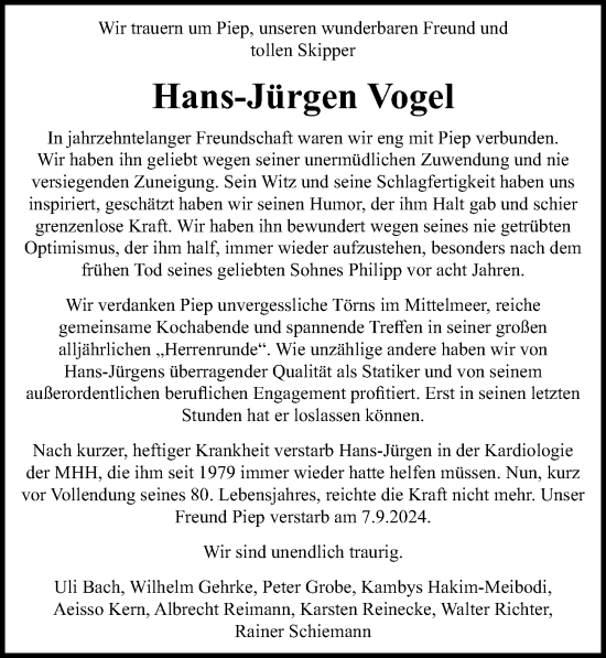 Traueranzeige von Hans-Jürgen Vogel von Hannoversche Allgemeine Zeitung/Neue Presse