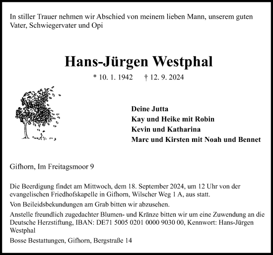 Traueranzeige von Hans-Jürgen Westphal von Aller Zeitung