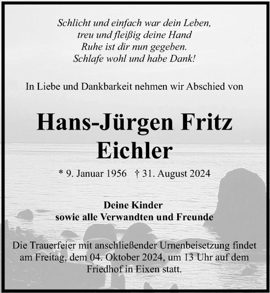 Traueranzeige von Hans-Jürgen Fritz Eichler von Ostsee-Zeitung GmbH