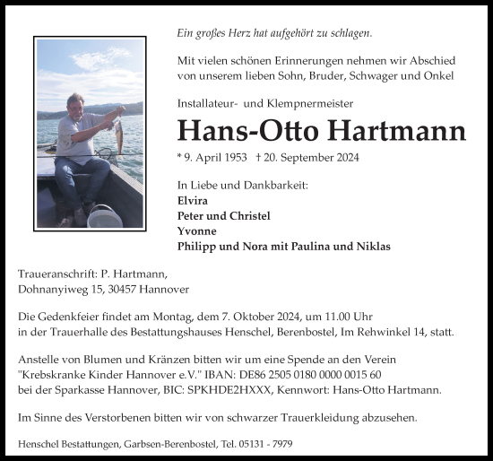 Traueranzeige von Hans-Otto Hartmann von Hannoversche Allgemeine Zeitung/Neue Presse