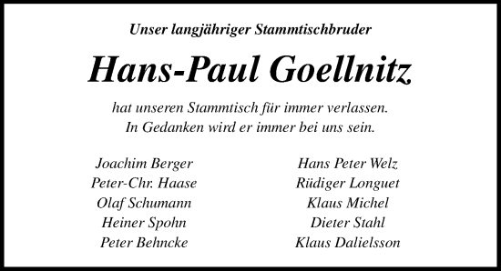 Traueranzeige von Hans-Paul Goellnitz von Lübecker Nachrichten