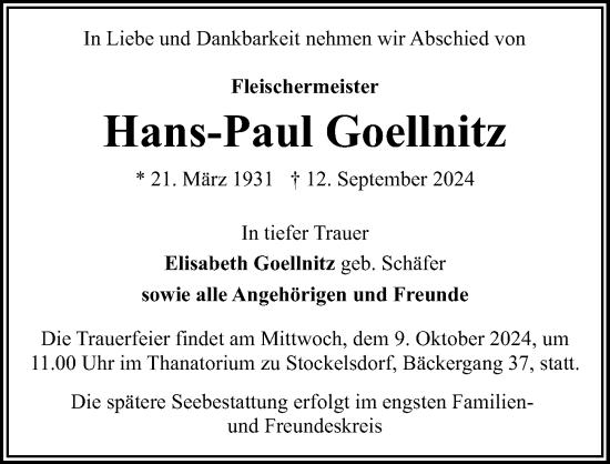 Traueranzeige von Hans-Paul Goellnitz von Lübecker Nachrichten