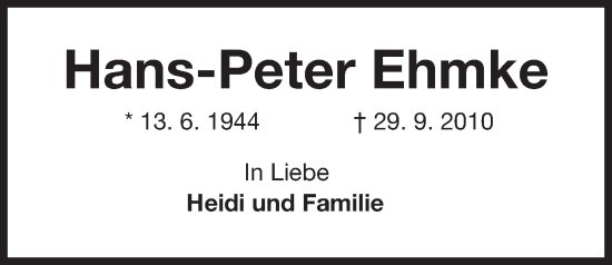 Traueranzeige von Hans-Peter Ehmke von Kieler Nachrichten