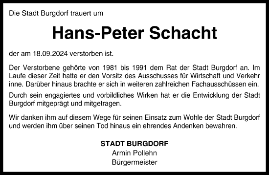 Traueranzeige von Hans-Peter Schacht von Hannoversche Allgemeine Zeitung/Neue Presse